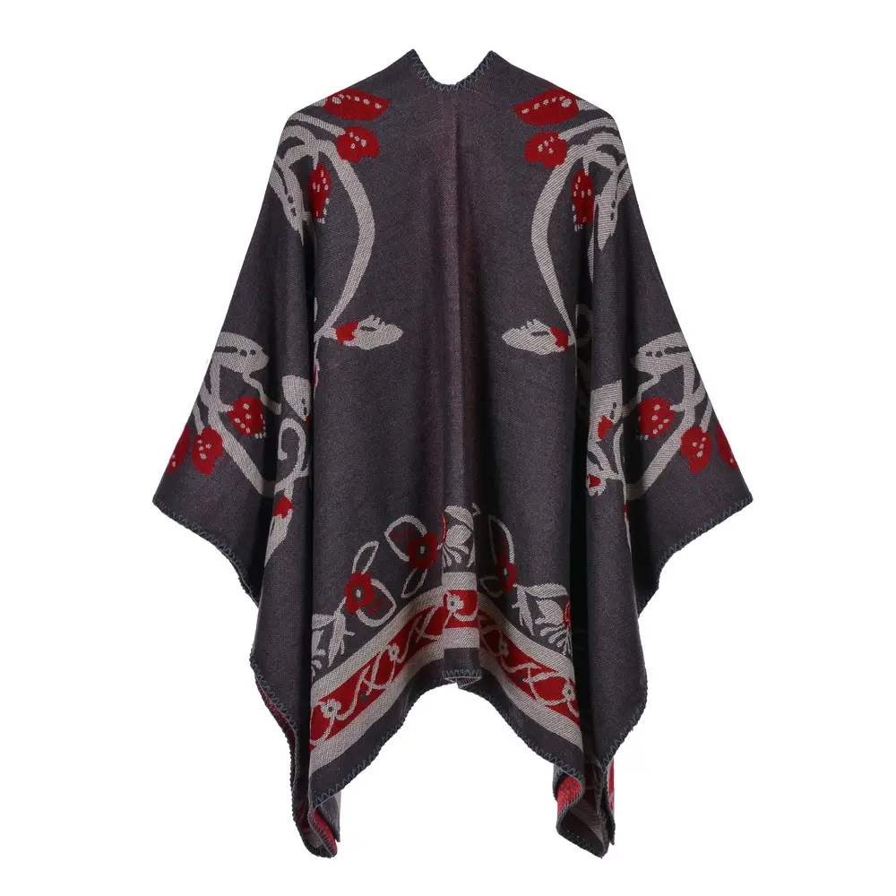 Poncho en acrylique surdimensionné pour femme, nouvelle collection 2020, cape, femme, élégant, rouge, fleur tricotée, boucle, vente en gros