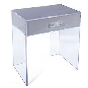 Tabela lateral acrílica transparente com uma gaveta, secador de mesa de café
