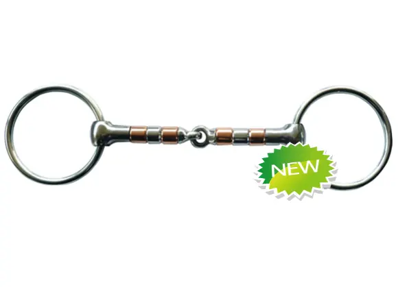 Black steel horse ring snaffle of jointed mouth with stainless steel and copper elliptical rollers(Type-027)