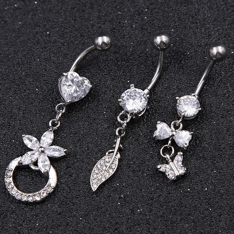 CZ zircone fiore farfalla cuore lungo ciondola acciaio chirurgico anello ombelico set piercing all'ombelico gioielli per il corpo