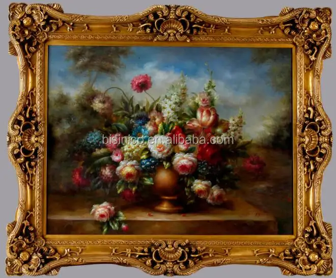 Luxury Royal Palace Wall Decor Art, Antique Vintage Golden Framed Handmade Floral Oil Painting