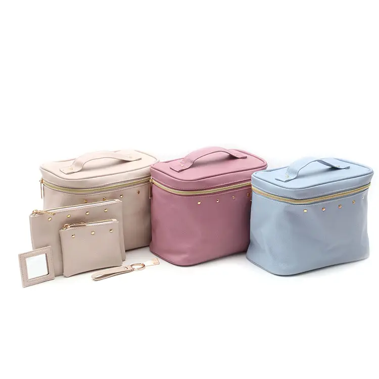 مخصص النساء ثلاثة ألوان PVC المرحاض السفر حقيبة مستحضرات تجميل مجموعة حقيبة تجميل مع حقيبة دبلوماسية مسطحة مرآة و مفتاح حامل