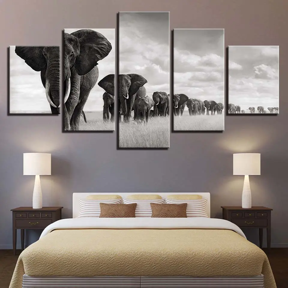 HD Impression 5 Panneau Toile Art Éléphant Peinture Mur Photo pour Salon Moderne Toile Murale