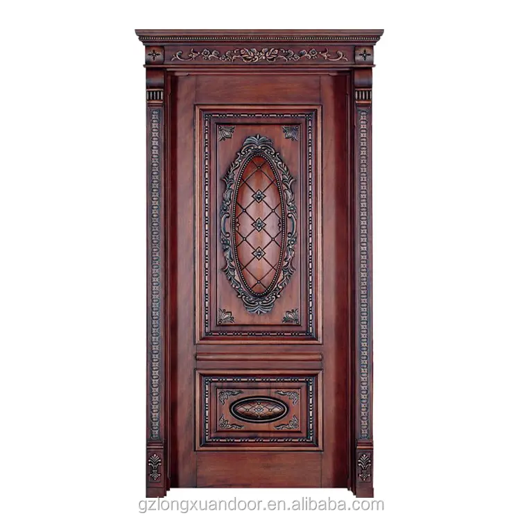 Porta in legno di design arabo con fiore intagliato a due pannelli con ingresso principale singolo in colore polacco