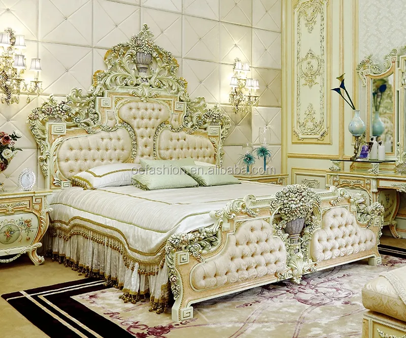 Rococo italiano/francés muebles de dormitorio de lujo, Dubai camas de lujo conjunto de muebles