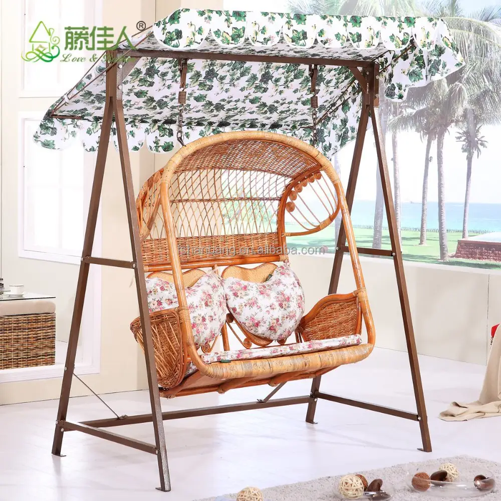 2016 New Outdoor Garden Patio Wicker 2 person plastic rattan hanging swing chair with canopy cushion magazine holders pockets