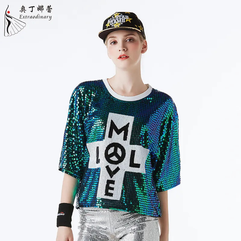 Disfraces de hip hop para mujer, camisa brillante con lentejuelas y letras