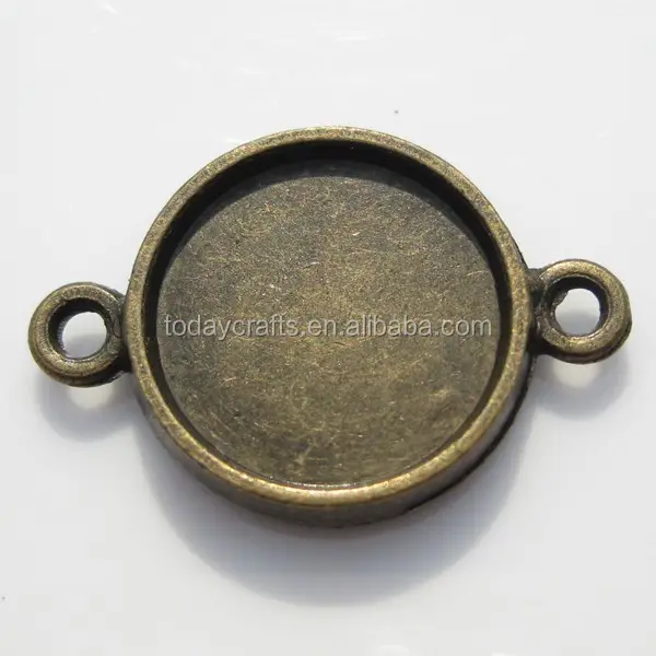 14mm Antique Bronze Round Pendant Trays bezel cups setting with double hook