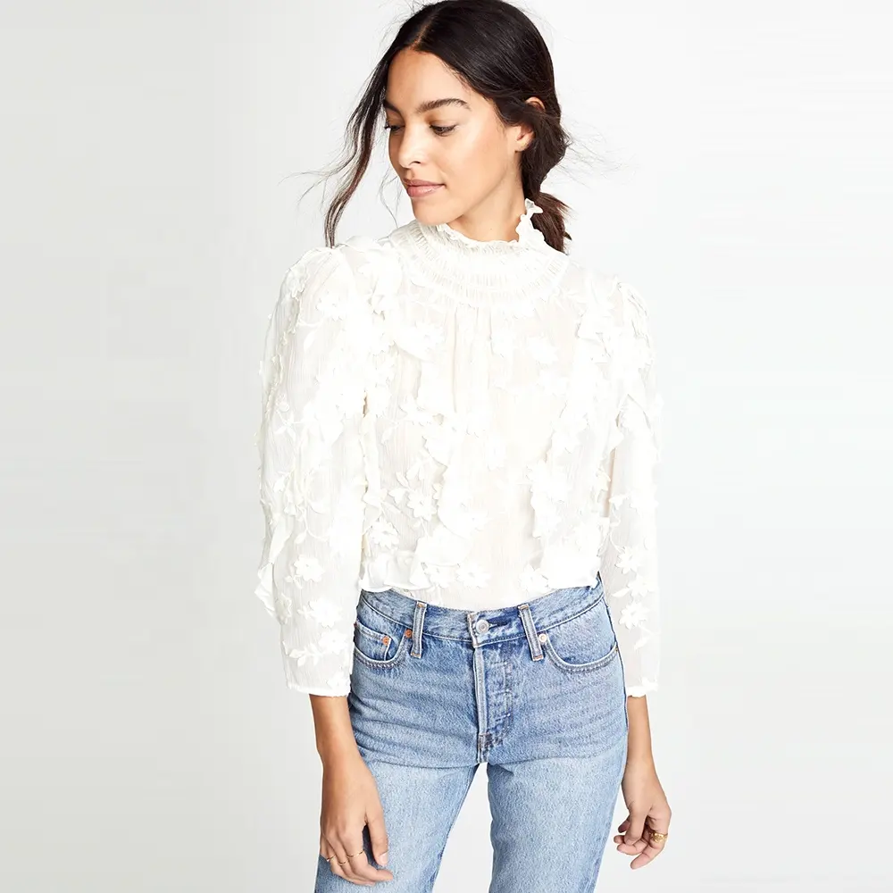 Jacquard branco camisas blusas tops ruffles collar camisas chiffon blusas tops