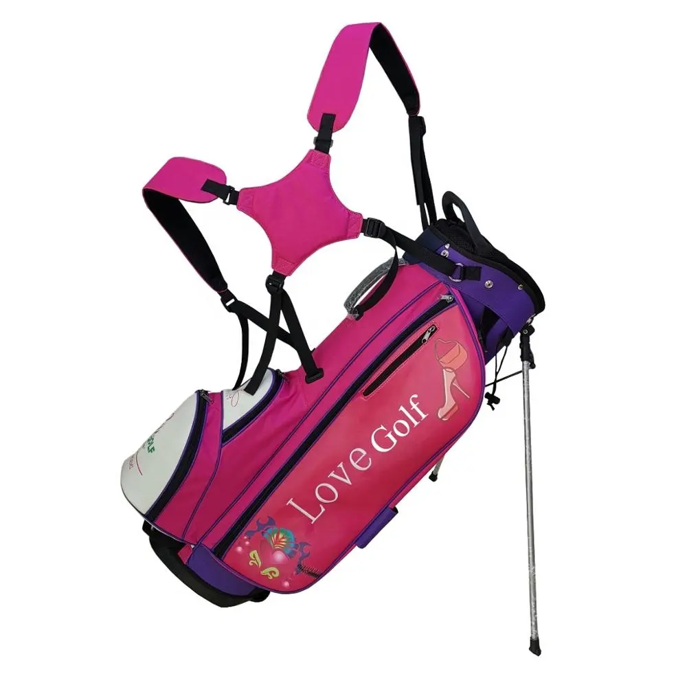 Dames Roze Nylon Golf Stand Bag met Afdrukken Kleurrijke Ontwerp voor Golfer Liefde Golf