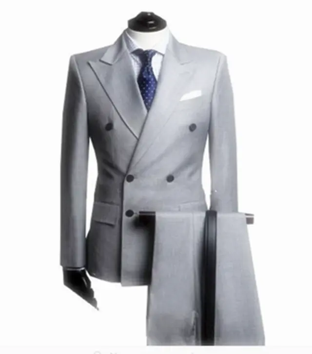 Fashion Double Breasted Peaked Lapel Three Pockets Light Gray Suit WF040