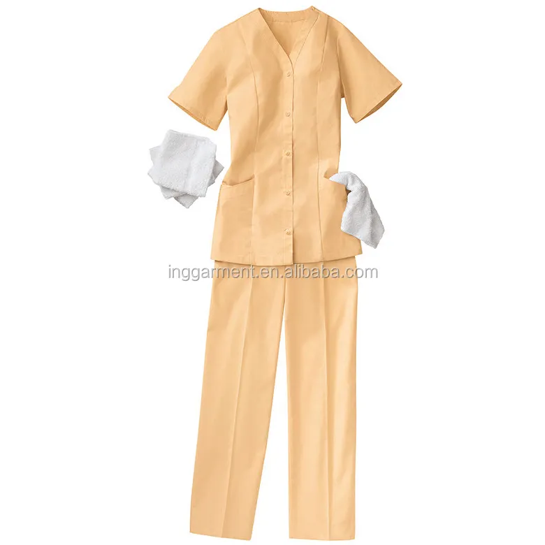 100% Polyester Short Sleeve Housekeeping and Maids Uniform Set Tunic and Elastic Waistband Pants