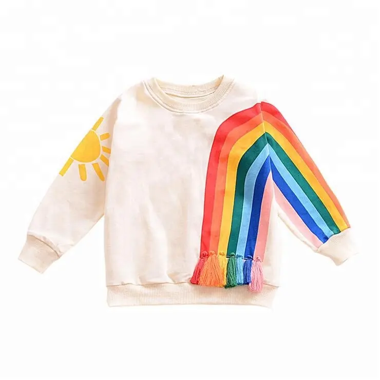 Ropa de bebé de otoño, camisetas de algodón blancas lisas con estampado de arco iris