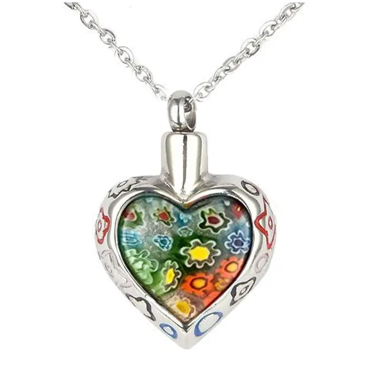 Cœur d'amour en verre de Murano, colliers, porte-cendres commémoratif, souvenir, pendentif de bijoux en acier inoxydable