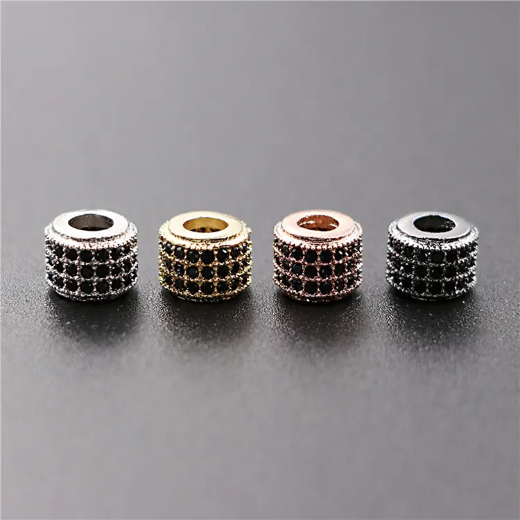 Wholesale DIY Jewelry Cylinder Shape Spacer Micro Pave Crystal Black CZ Copper Round Bead Charms For Bracelet