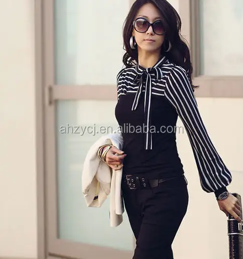 Корейская женская одежда, Новая Элегантная темно-синяя дизайнерская женская футболка с длинным рукавом, модная полосатая блузка
