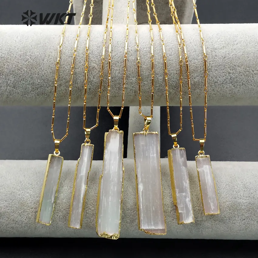 WT-N1021 nuova collana di Selenite di pietra grezza Hotsales, collana di Selenite bianca lunga con finiture in oro reale 24k di alta qualità