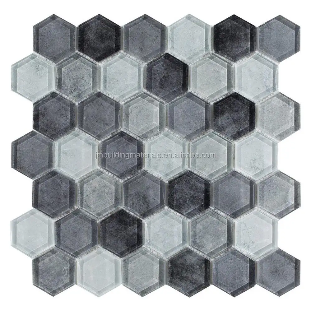 2in * 6in montagem desbota para mosaico de vidro polido hexágono preto