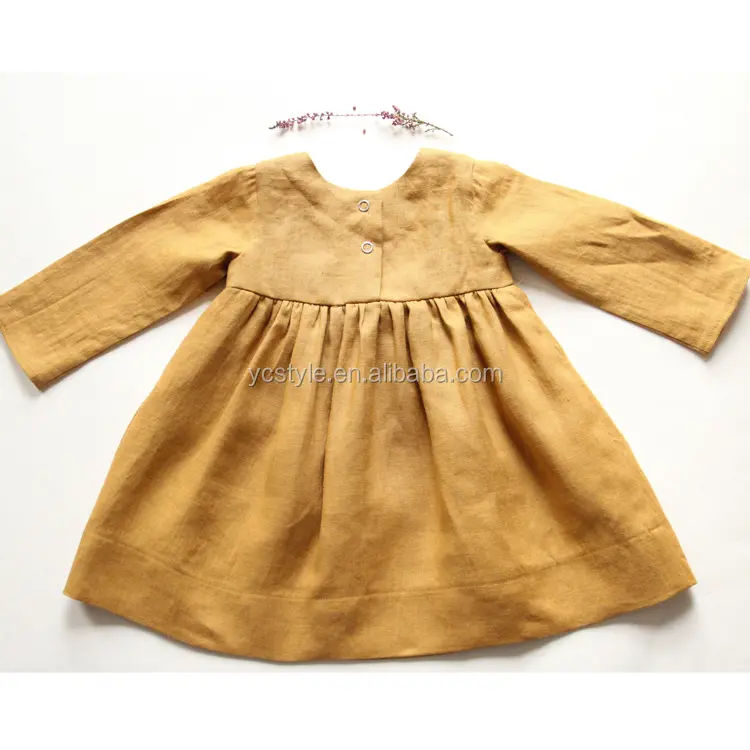 Lindo vestido de lino con botones para bebé niña ropa de otoño, pedido personalizado ropa de lino para niños de China