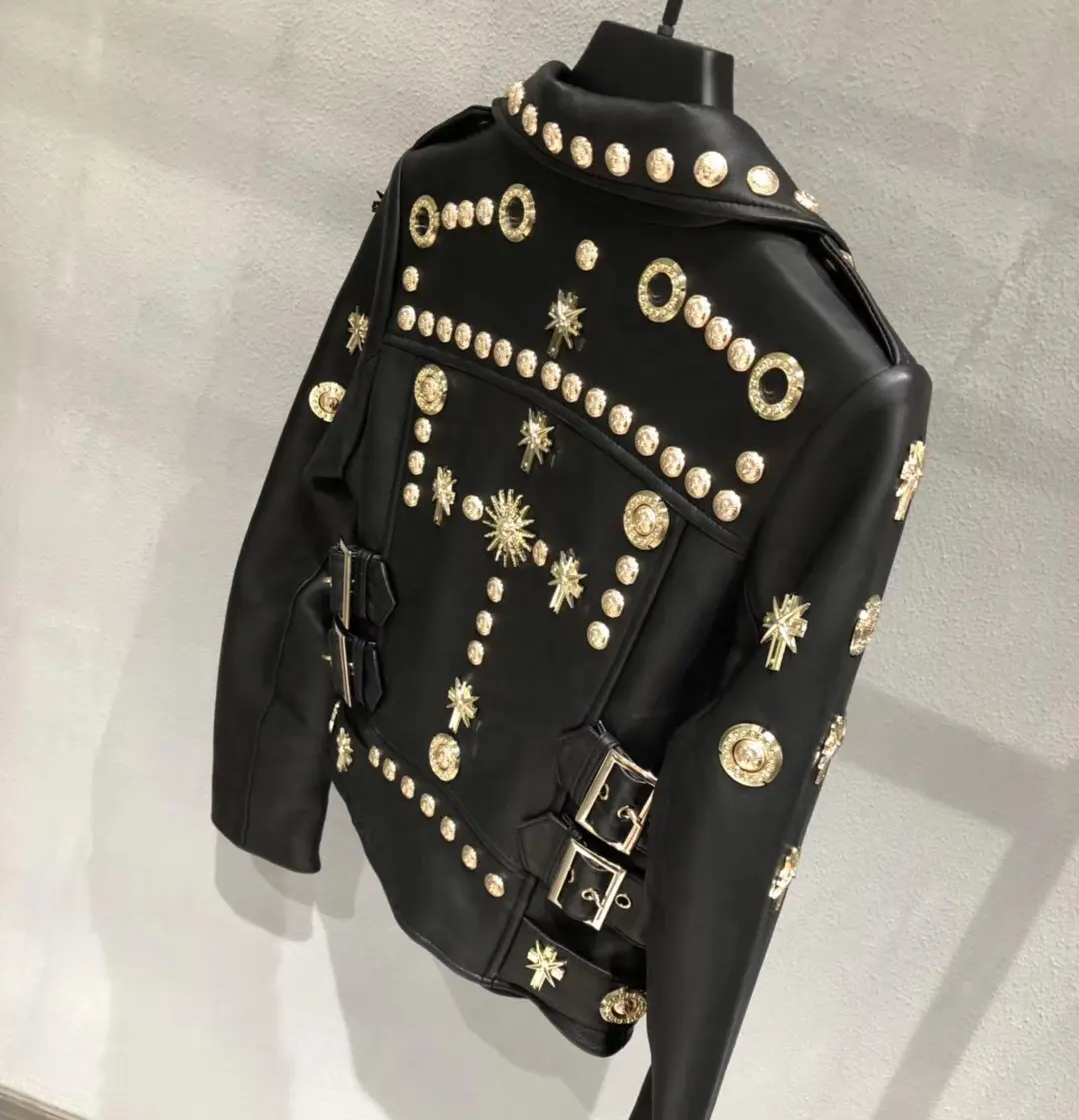 Mùa Xuân Boutique Phụ Nữ Quần Áo Da Chính Hãng Coat Short Real Leather Coat Casual Xe Máy Punk Studded Da Áo Khoác Phụ Nữ