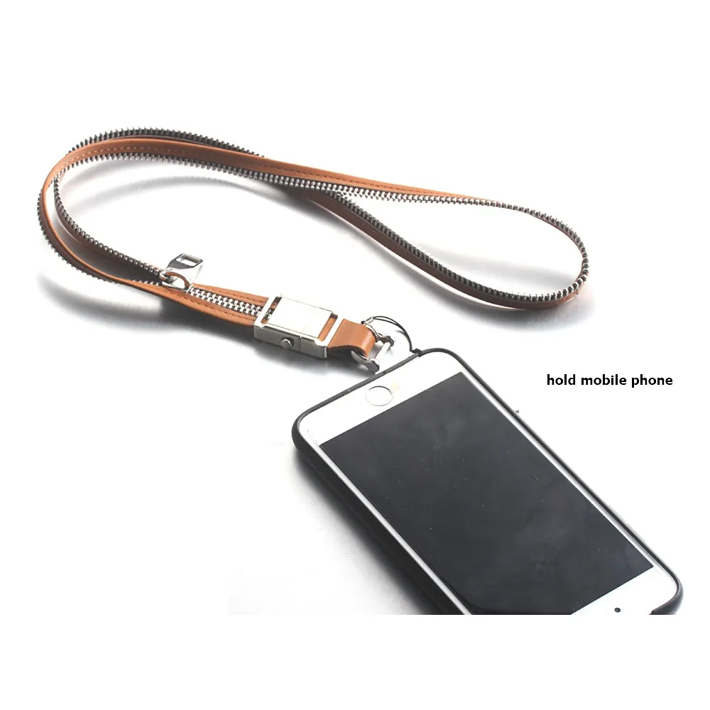 Collana con cinturini per telefono cellulare con catena con cerniera in vera pelle marrone personalizzata
