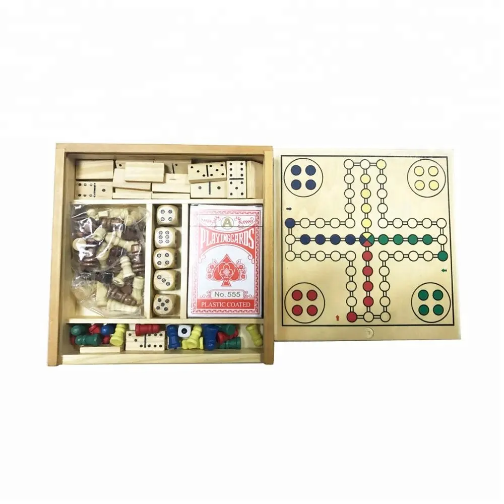 Sıcak Çoklu kombinasyonları ahşap tavla oyunu ekose desenli poker domino dices ludo ve satranç tahtası oyun seti