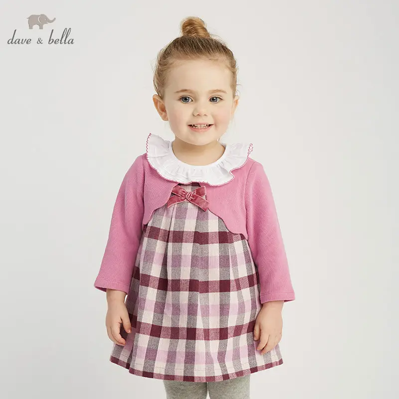 DBM9487 dave bella bebê vestido da menina de manga longa vestidos de primavera xadrez rosa roupas crianças festa de aniversário vestido boutique
