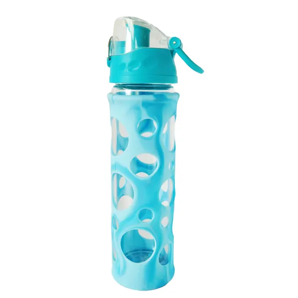 Botella de agua potable de vidrio con tapas, botella deportiva con tapa abatible