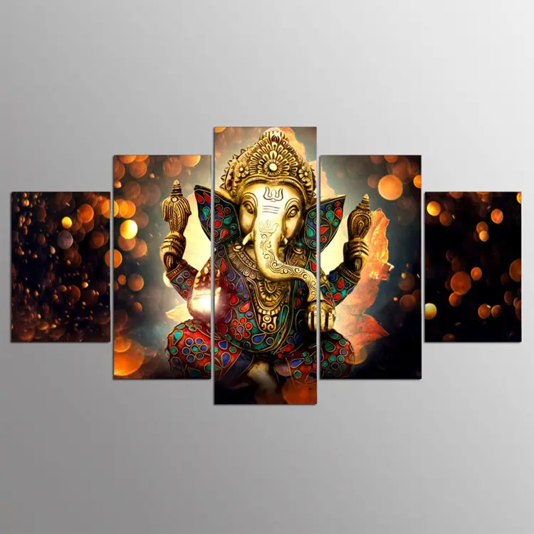 Pintura Cuadros de pared Lienzo Pintura de pared para sala de estar Arte moderno Dios hindú Ganesha Elefante HD Impreso 5 piezas Cartón de aceite