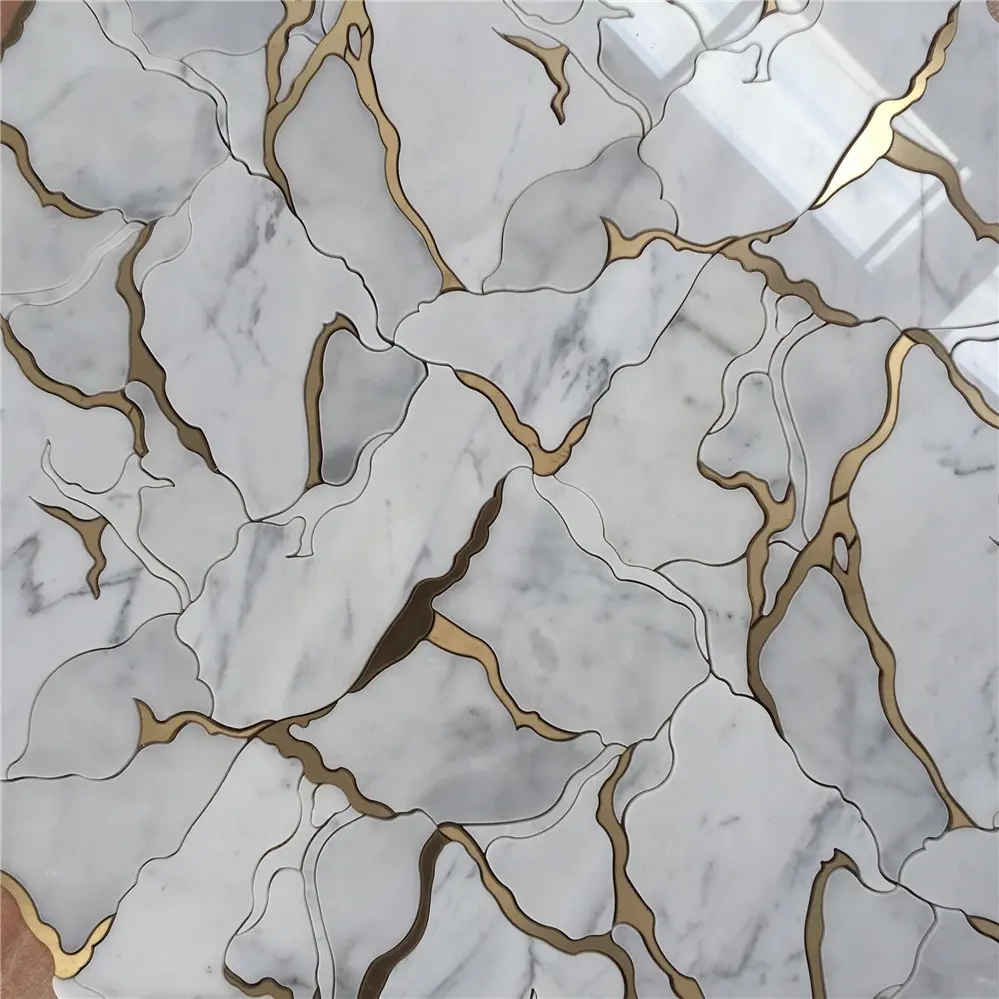 Mosaico de mármol con chorro de agua, cerámica mezclada, línea de latón, arte único, alta calidad