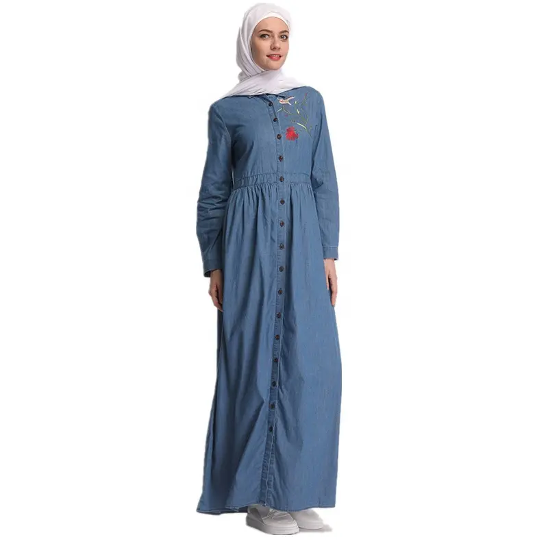 Vestido largo musulmán abaya vaquero turco abierto con botón islámico para mujer