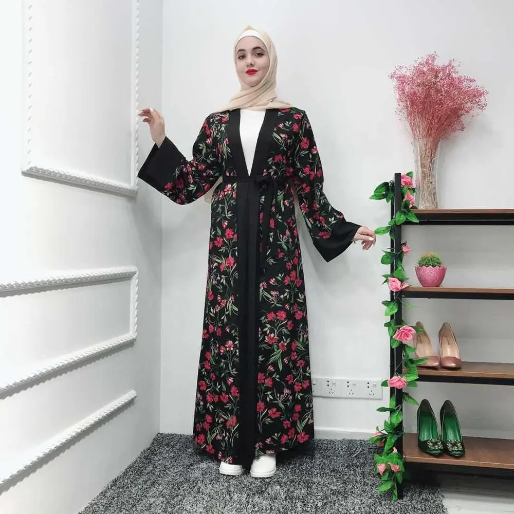 2019ファッションイスラム服美しいイスラム教徒のドレスプリントフラワードバイアバヤ女性用