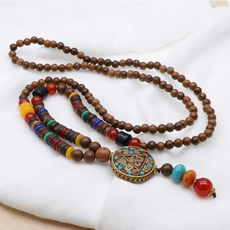 Collar de Estilo Vintage nepalí, joyería antigua, moda religiosa tribal, cuentas de madera, colgantes, collar al por mayor