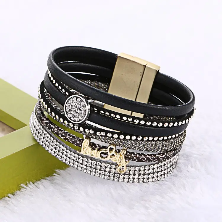Lungo braccialetto di cuoio a più strati braccialetto di diamanti super wide lettere moda braccialetto fibbia magnetica