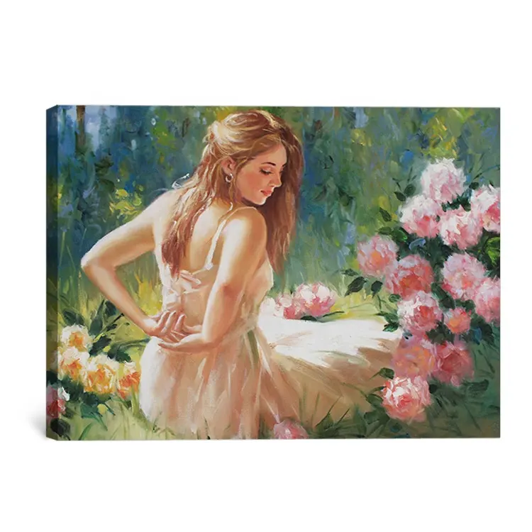 Arte della parete ritratto di belle sexy ragazza con il fiore pittura su tela di canapa
