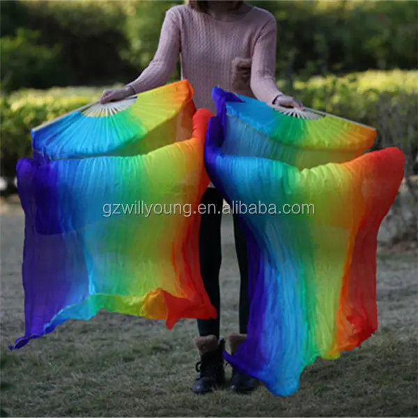 Vendita calda verticale color arcobaleno, 7 colori, danza del ventre 100% reale fan veli di seta, 1.8m