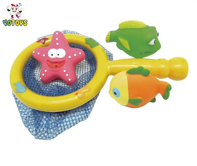 Bebek banyo balıkçılık oyuncak küçük deniz hayvan oyuncaklar Fishnet seti toplamak