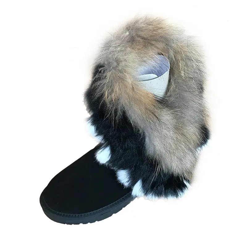 أحذية من الجلد الطبيعي رخيصة الثمن من فرو الراكون أحذية من جلد الغنم بوجهين للسيدات أحذية شتوية للثلج