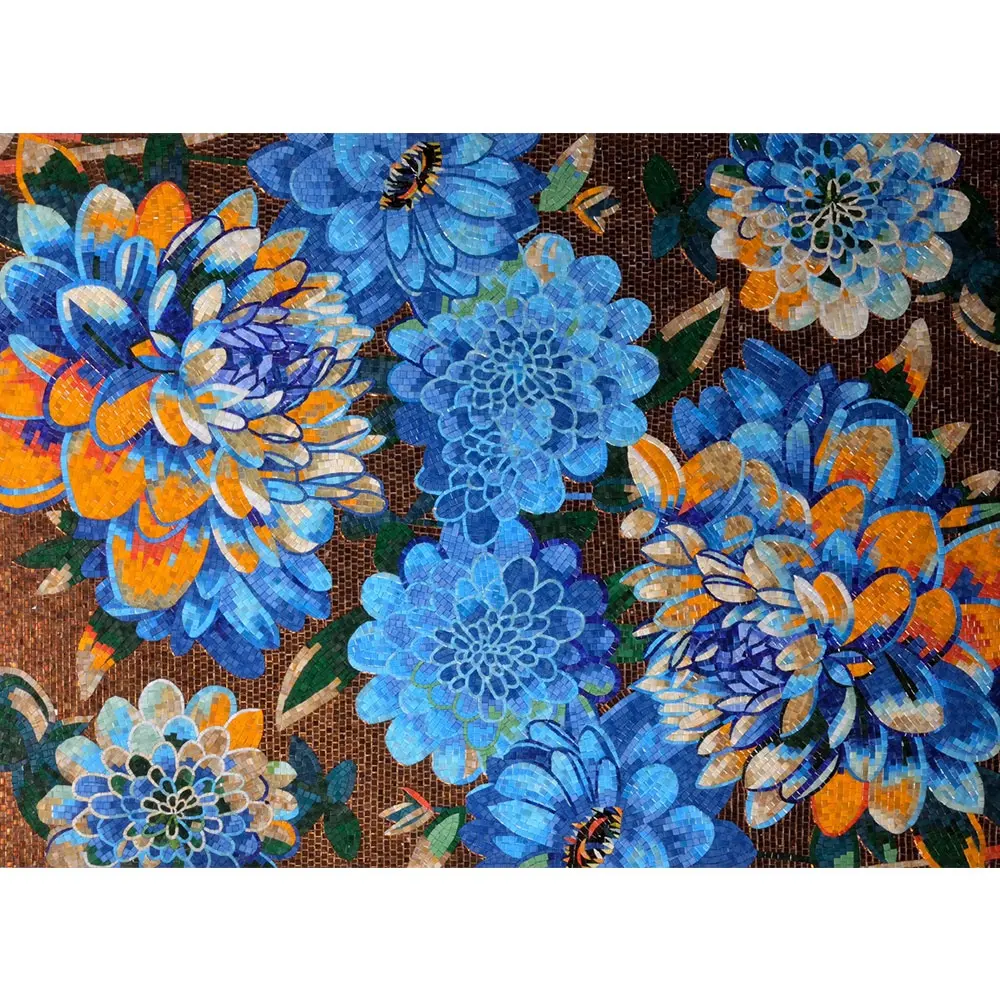 جميلة اليدوية الأزرق زهرة الفن تصميم جدارية الصورة الزجاج بلاط الحائط الفسيفساء