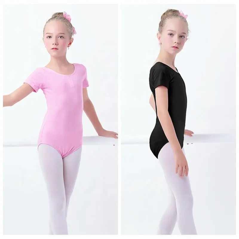 Leotards ginástica infantil de manga curta, leotards de algodão para meninas