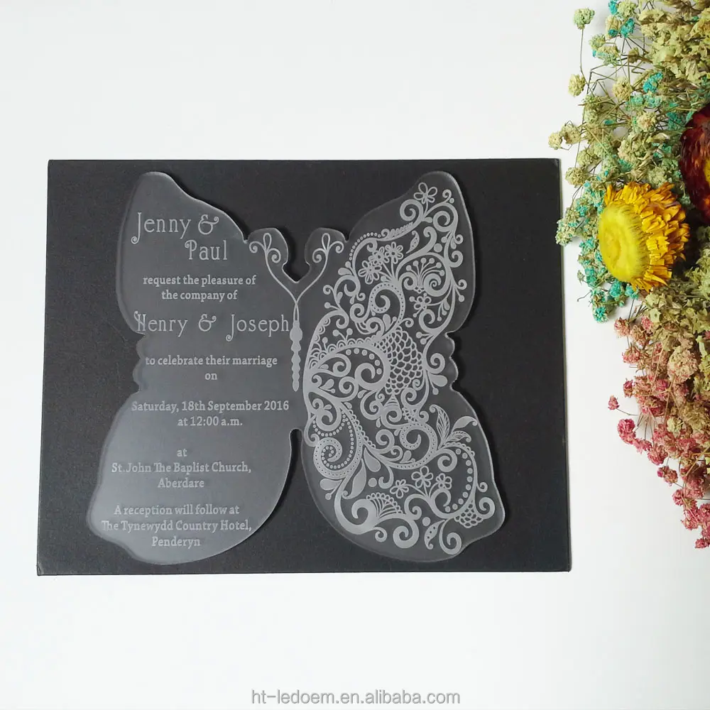 Tarjeta de invitación acrílica esmerilada con forma de mariposa, 180x150mm, para boda