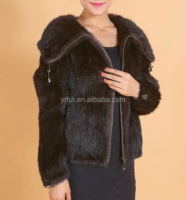 YR838 giacca da donna in pelliccia di visone lavorata a mano con colletto rovesciato in stile classico