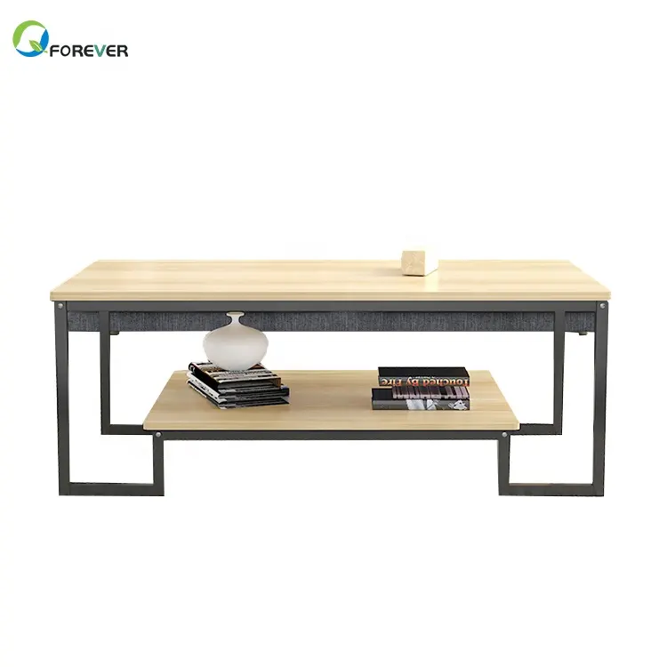 Mesa de centro baja en ángulo recto de madera de acero para sala de estar minimalista moderno