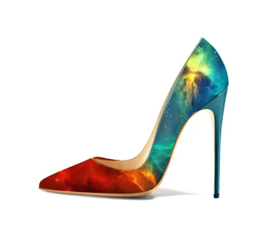 wholesale fashion shoes dress shoes women stilettos vegan pu leather 3D printing shiny latest high heel 12 cm ladies shoes