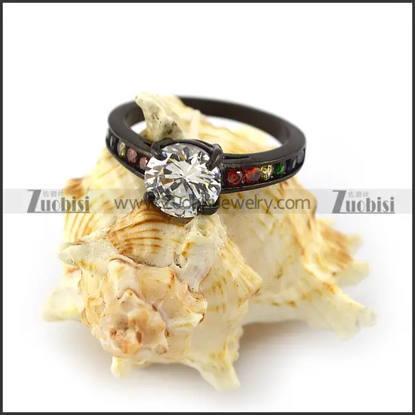 New Arrival 8mm Big Clear Cubic Crystal Black Plating Finger Ring with Colorful Rainbow stones Channel