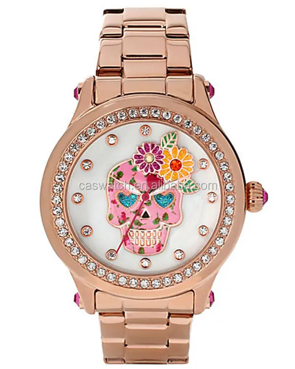 Красивые блестящие камень в западном стиле женские часы новый дизайн, цветочный принт череп женские часы из розового золота часы женские часы