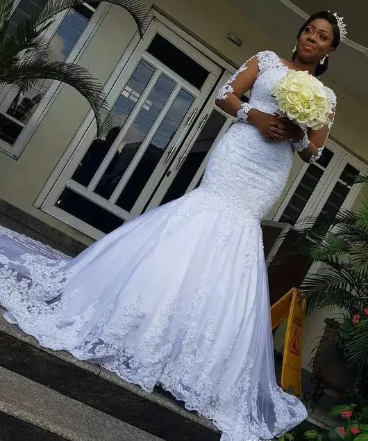 Vestido de novia de manga larga, nuevo estilo, con apliques personalizados, de talla grande, sirena africana, trompeta, blanco, barato, MWA231