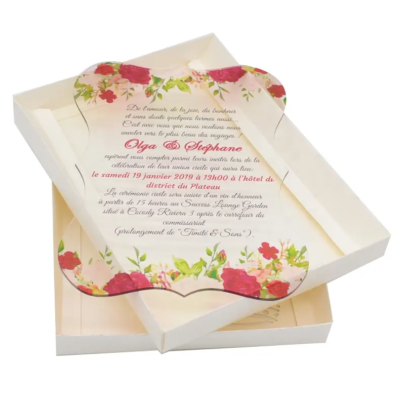 2019 منتج جديد شخصية الاكريليك بطاقة دعوة الزفاف الأشعة فوق البنفسجية الطباعة بطاقة دعوة الزفاف