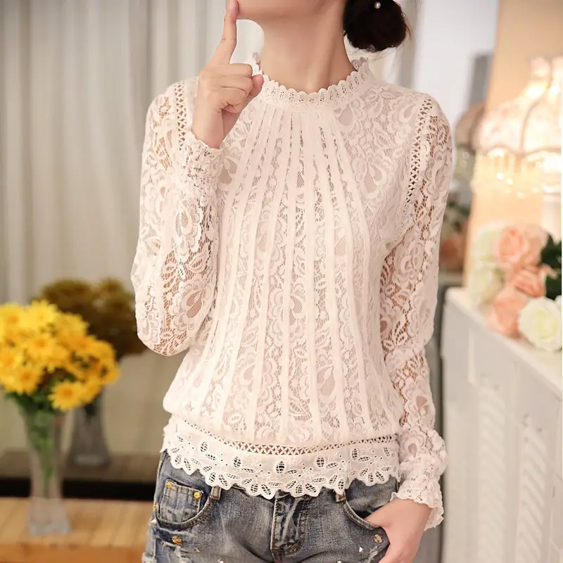 Nuevo señoras blanco Blusas de manga larga de las mujeres de gasa Tops de encaje de Crochet blusa