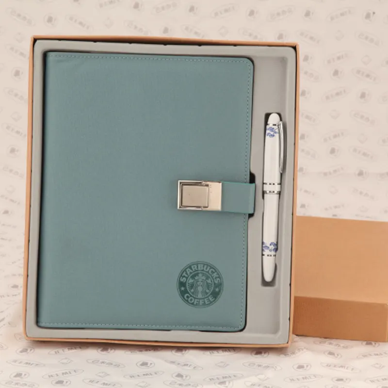 Fabrik Kunden Reine Farbe Blau Leder 6 Ring Gebunden Notebook Hinweis Buch Mit Box Verpackung Metall Lock Agenda Tagebuch Geschenk set Anzug